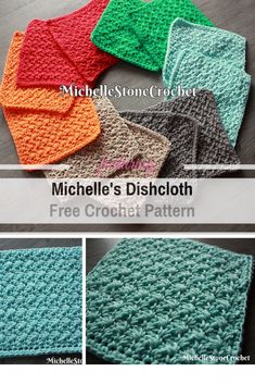 the crochet dishcloth pattern is shown in four different colors and has been made with