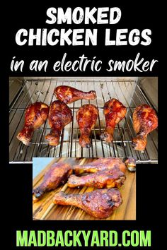 chicken legs in an electric smoker with the words smoked chicken legs in an electric smoker