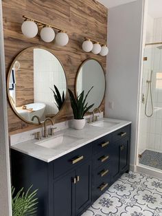 a bathroom with two sinks, mirrors and plants in the corner on the counter top