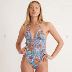 Marine Layer Plunge One Piece In Blue Tropical New Without Tags Chic Blue Halter Neck Swimwear, Blue V-neck Swimwear For Spring, Light Blue V-neck Swimwear For Spring, Layered Crosses, Female Marines, Floral One Piece Swimsuit, Marine Layer, Floral One Piece, Tropical Colors