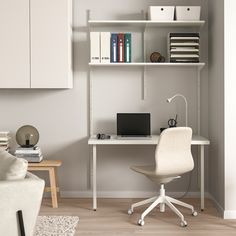 a white chair sitting in front of a computer desk