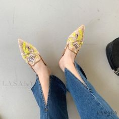 Lasaky - Fashionable Embroidered Flat Slippers with Pointed Toe, Comfortable Low Heel Sandals Yellow Flat Heel Mules For Spring, Yellow Flat Mules For Spring, Embroidered Flats, Flat Slippers, Latin Dance Shoes, Shoe Sole, Flat Slipper, Low Heel Sandals, Leather Shoes Woman