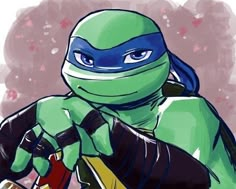 a drawing of a teenage mutant holding a beer bottle and wearing a green tmnt costume