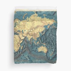 an old map of the world in shades of blue and gold duvet cover set