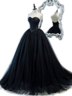 Black Tulle Evening Dress With Boned Bodice, Elegant Black Ball Gown For Costume Party, Fitted Black Ball Gown For Costume Party, Black Fitted Ball Gown Corset Dress, Fitted Black Ball Gown Corset Dress, Black Floor-length Evening Dress With Boned Bodice, Black Ball Gown With Boned Bodice, Black Wedding Ball Gown With Boned Bodice, Black Dress With Fitted Bodice And Overbust