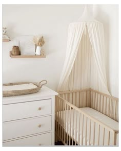 a baby crib in a white room with a canopy over it's head