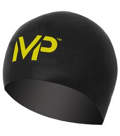 a black and yellow swim cap with the word gm on it