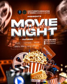 a movie night flyer with popcorn and movies