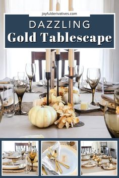 a collage of photos with candles, plates and pumpkins on the dining room table