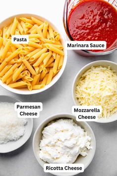 the ingredients for this pasta dish are shown in bowls, including parmesan cheese, mozzarella and ricotta cheese