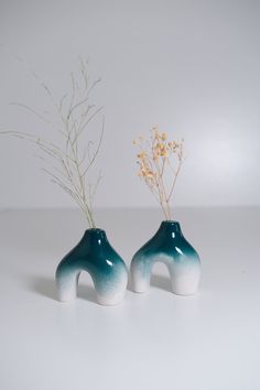 two ceramic vases with plants in them on a white tableclothed surface, one is blue and the other is green