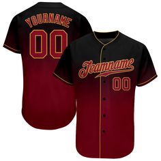 a red and black baseball jersey with the name, yourname 00 in gold on it