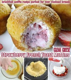 strawberry french toast muffins with cream cheese in the middle and strawberries on the side