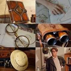 a collage of photos with various items including glasses and books