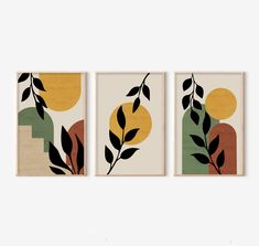 three framed art pieces with leaves on them