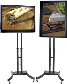 two televisions with different types of food on them