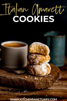 there are three cookies stacked on top of each other next to a cup of coffee