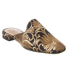 Nwt! Color/Material: Black And Gold Nayan Brocade Fabric Lightly Padded Leather Insole Smooth Leather Sole 0.9in Heel Perfect For Any Fall Event! Tory Burch Mules, Gold Mules, Slides Women, Leather Espadrilles, Wooden Heel, Brocade Fabric, Kids Home, Slide In, Leather Mules