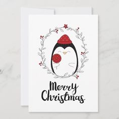 a christmas card with an image of a penguin wearing a red hat and the words merry christmas