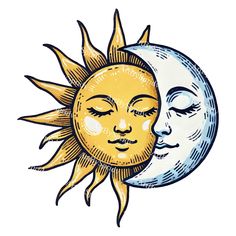 a drawing of the sun and moon with their faces close to each other on a white background