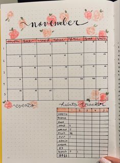 A picture of the left-hand side of a bullet journal with light pink and dark pink hand drawn stylized roses with November written at the top of the page, and a grid calendar along with a habit tracker chart November Bujo Theme, Month Bullet Journal, November Bujo, Pink November, November Bullet Journal, Dark Pink Roses, Bujo Themes, Bullet Journal Month, Bullet Journal Spread