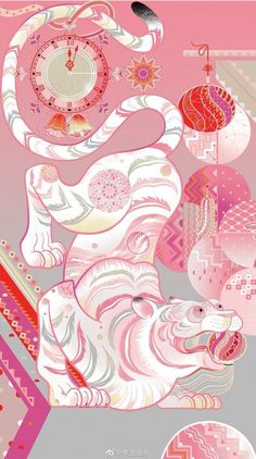 an illustration of a pink and white cat with clocks on it's back side