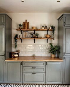 a kitchen with gray cabinets and shelves filled with plants