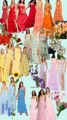 many different types of dresses are shown in this collage, with flowers and vases