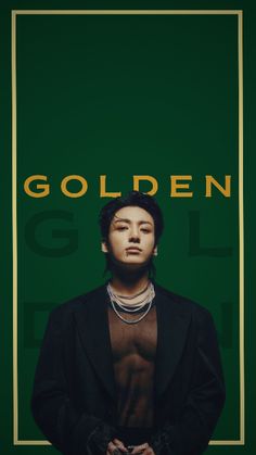 a man in a black suit with his shirt open and the words golden on it