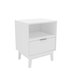 a white nightstand with two drawers on one side and an open drawer on the other