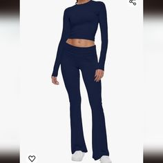 Navy Blue 2 Piece Lounge Set Fold Over Flare Pants & Long Sleeve Crop Top Outfit Large Long Sleeve Cropped Top Outfits, Flare Leggings Outfit, 2 Piece Lounge Set, Outfit Large, Crop Top Outfit, Blue Lounge, Crop Top Set, Thrift Inspo, Crop Top Outfits