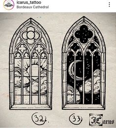 two stained glass windows are shown in black and white, with numbers below the window