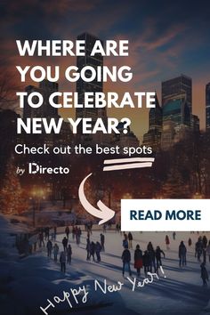 people skating on an ice rink at night with the words happy new year written below