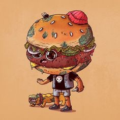 a drawing of a monster with a huge burger on it's head and legs