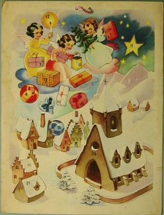 an old children's christmas card with santa and snowmen on the roof,