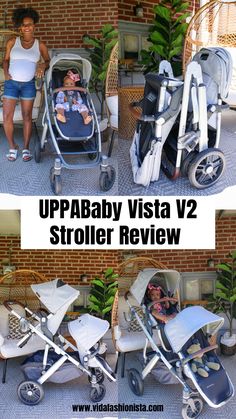 the baby vista v2 stroller is shown in two different pictures, and it's