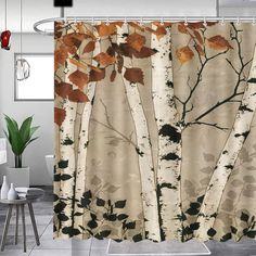 a shower curtain with trees and leaves on it