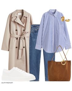 Chilled Outfits, Ootd Moodboard, Trent Coat, Coat Jeans, Spring Summer Capsule Wardrobe, Looks Jeans, Trench Coat Outfit, Blue And White Shirt, Aesthetic Outfit Ideas