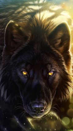 a painting of a black wolf with yellow eyes