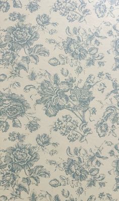 a blue and white floral wallpaper with many flowers on the back half of it