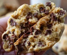 a person holding up a chocolate chip cookie