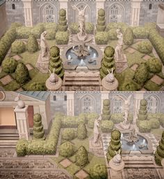 two views of a garden with fountains and trees