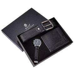 Make your father the most loved person in the world by giving him this Gift Set by Innovato Design. You would surely want only the best for him so this gift set is the perfect present for him. To keep the time, the watch has a precise movement through the quartz crystal installed in it. Its band is made of leather that is soft and comfortable on the wrist, making wearing this watch enjoyable and fun. There are subdials for using the timer. Also, the type of clasp that this watch has is a buckle. Meanwhile, the other contents of this gift set are a black sturdy belt with a thick polished buckle and a black folding wallet with multiple cardholders.  Product Highlights:   Comes in different colors and designs  Watch band is made of leather  Movement: Quartz  Dial diameter: 1.57in  Band length Style Anglais, European Modern, Best Gifts For Him, Watch Dial, Leather Wristbands, England Style, England Fashion, Wallet Gifts, Black Set