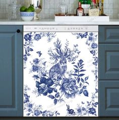 a blue and white floral design on the front of a dishwasher in a kitchen