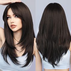 PRICES MAY VARY. ★High quality material full synthetic Heat Resistant Fibre of best wigs, cheap price and soft hair and comfortable to wear. ★ black wig with bangs is layered straight , it flows curvature very naturally , easy to take care of, the layers help to give a good shape and overall. ★Medium Length Hair Wig Size is 24". The adjustable elastic band and hairpin provide you with a comfortable experience, suitable for white women and black women. ★Adjustable ladies wig cap it use breathable Black Hair Haircuts, Black Wig With Bangs, Square Face Hairstyles, Layered Haircuts For Medium Hair, Hairstyles For Layered Hair, Haircuts For Medium Hair, Haircuts Straight Hair, Black Wig, Wig With Bangs