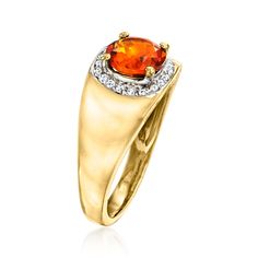 Ross-Simons - 1.10ct Citrine Ring, .10ct t. w. White Topaz Over Sterling. Size 8. Bursting with a fiery hue, this 1.10 carat round citrine ring boasts unique qualities like a chic low-profile setting and tapered 18kt yellow gold over sterling silver band. Finishes with a .10 ct. t. w. round white topaz halo for a cool touch of sparkle. 3/8" wide. White topaz and citrine ring. Citrine birthstones are the perfect gift for November birthdays. Orange Ring With Center Stone For Anniversary, Anniversary Orange Ring With Center Stone, Orange Birthstone Ring For Anniversary, Orange Diamond Ring For Anniversary In Fine Jewelry Style, Orange Diamond Ring For Anniversary, Orange Diamond Ring With Center Stone, Orange Rings With Halo Setting For Anniversary, Orange Halo Setting Ring For Anniversary, Topaz And Citrine