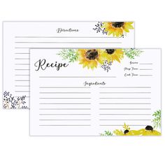 two sunflower recipe cards on top of each other