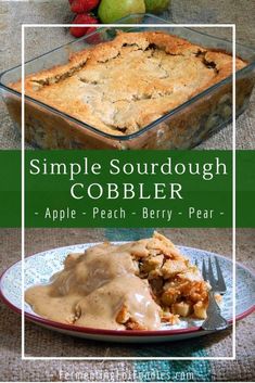 an apple cobbler on a plate with a fork next to it and apples in the background