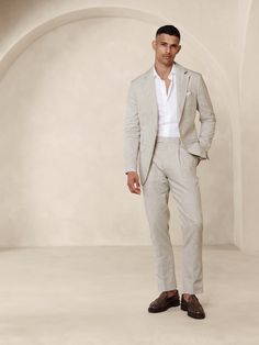 Arroyo Cotton-Linen Suit Pant | Banana Republic Space Fashion Men, Linen Wedding Suit, Casual Engagement Outfit, Mens Linen Suit, Mens Beach Wedding Attire, India Fashion Men, Linen Suits For Men, Summer Wedding Attire, Linen Pants Suit