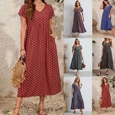 🌸2024 NEW Vintage Comfortable Cotton Linen V-neck dress High Waist Fashion, Elegant Dresses Long, Vintage Style Dresses, Handmade Dresses, Retro Chic, Mode Vintage, Types Of Skirts, Ethnic Fashion, V Neck Dress